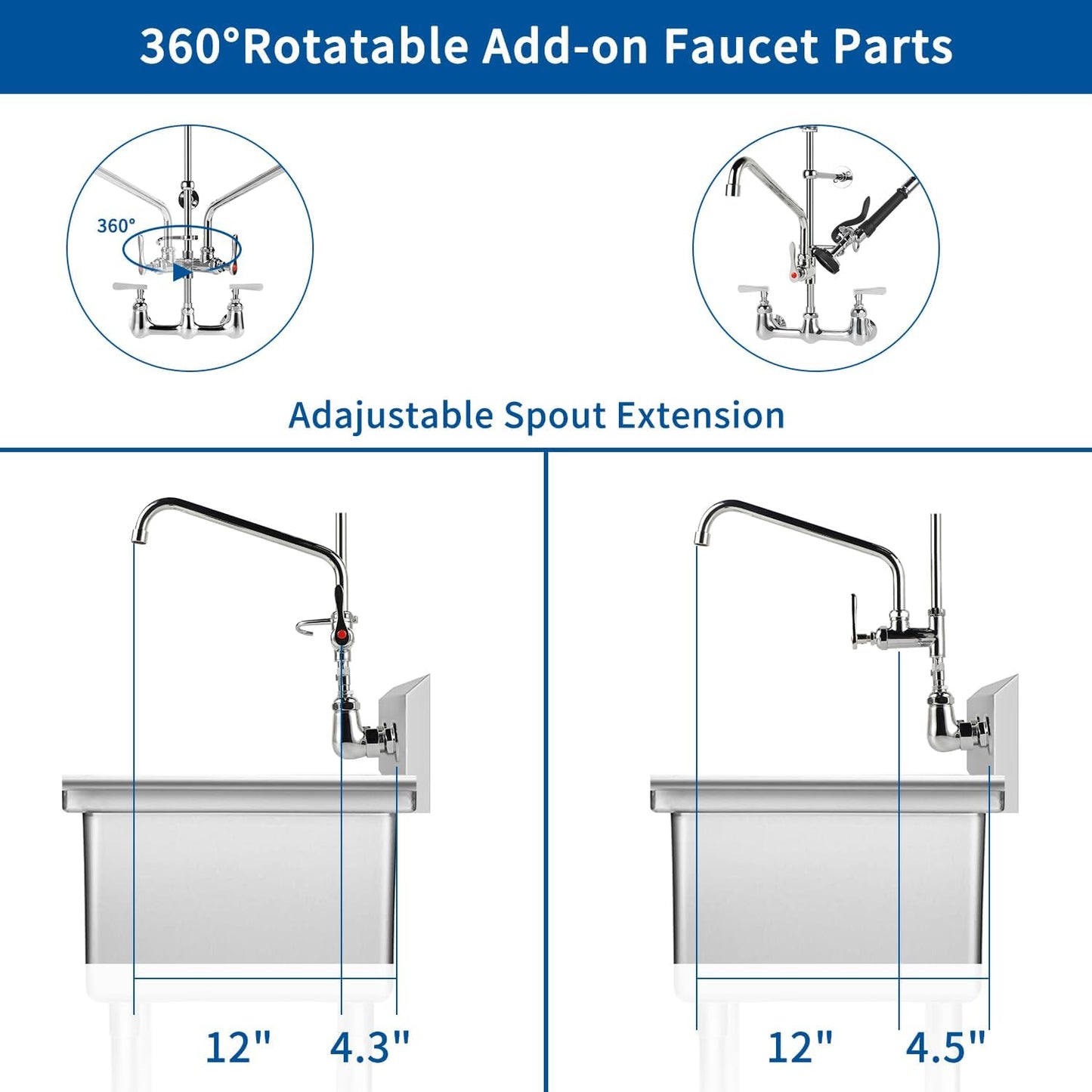 KWODE Commercial Kitchen Faucet with Pre Rinse Sprayer 8 Inch Center Wall Mount Sink Faucet 27' Height 12' Swivel Spout Pull Down Spray Faucet for