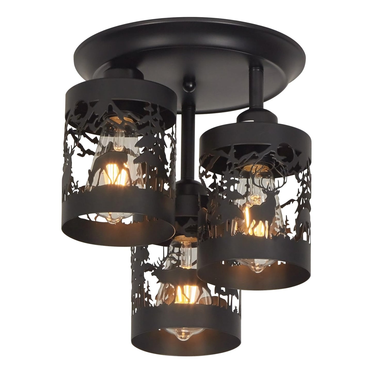 3-Light Rustic Farmhouse Semi Flush Mount Ceiling Light Fixture | Deer & Forest Design, Black Metal Shades, E26 Base
