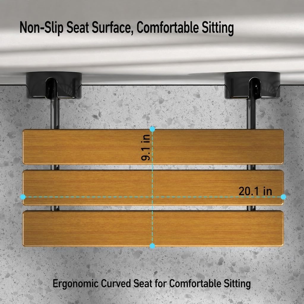 Folding Shower Bench Wall Mounted, Teak, 90° Flip-Up, Space Saving, 400lb