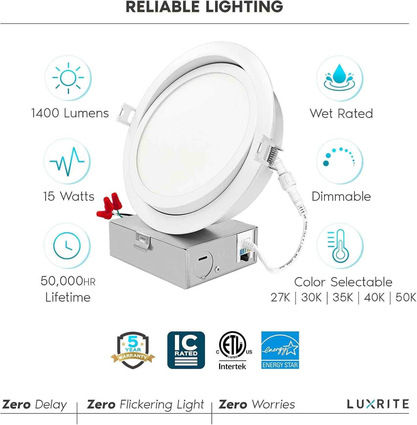 LUXRITE 6 Inch Gimbal LED Recessed Lighting, 5 Color Selectable 2700K-5000K, 1400 Lumens, Adjustable Swivel Downlight, Dimmable, 15W, Wet Rated, IC