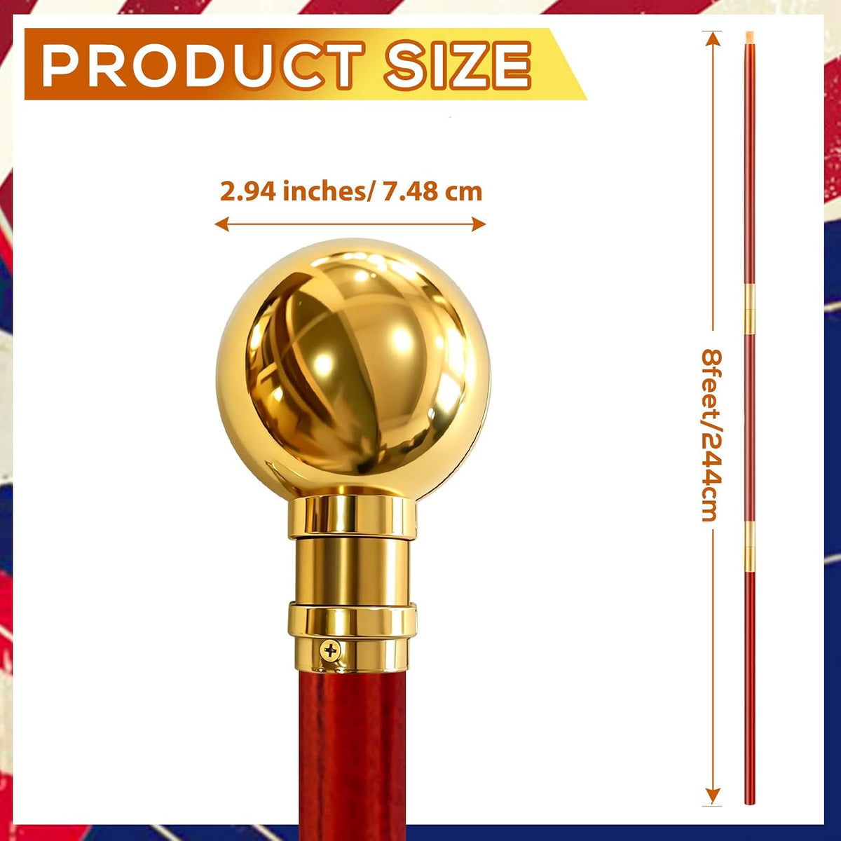 1 Set 8FT Indoor Flagpole Kit, Wooden 3 Section Pole With US Fringe Flag
