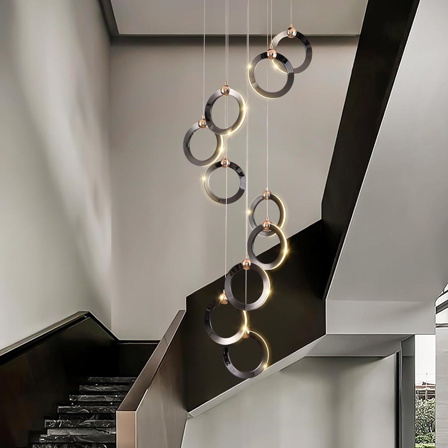 Modern Chandelier Dimmable 10 Rings Electroplating Process with Remote Control, Height Adjustable Creative Acrylic Lampshade Elegant Artistic Home