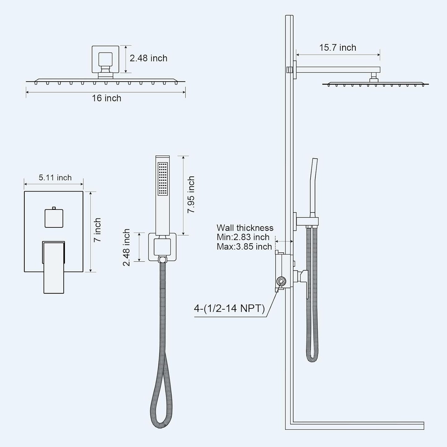 Baetuy 16 Inch Shower Faucet Set, Rainfall Shower System With full metal hand shower and square fixed shower Wall Mounted Shower Fixtures Brushed