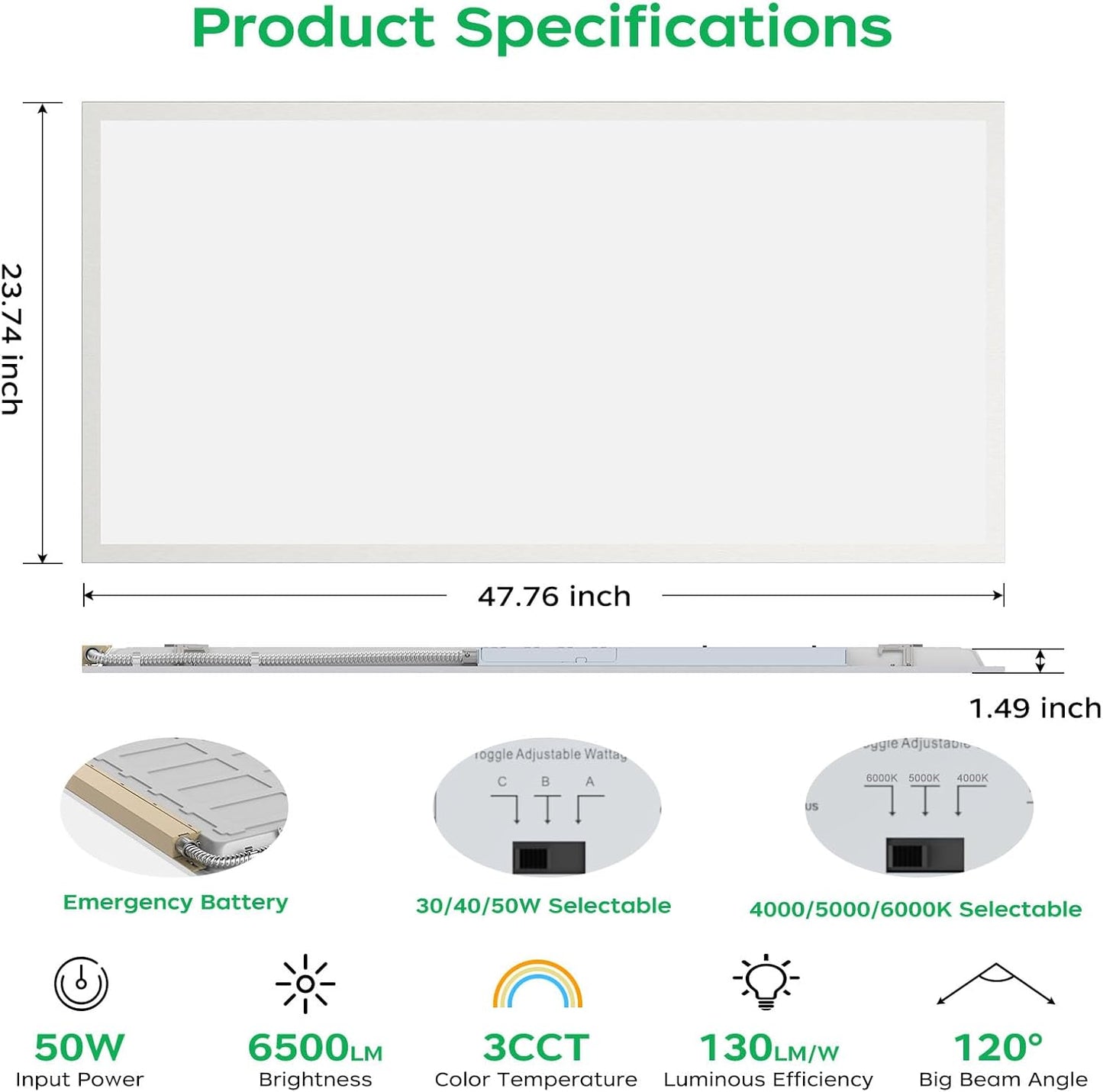 2x4 LED Flat Panel Light with Emergency Battery Backup, Emergency Lighting 90 min, 9W Emergency Power 4000K/5000K/6000K Selectable, 0-10V Dimmable,