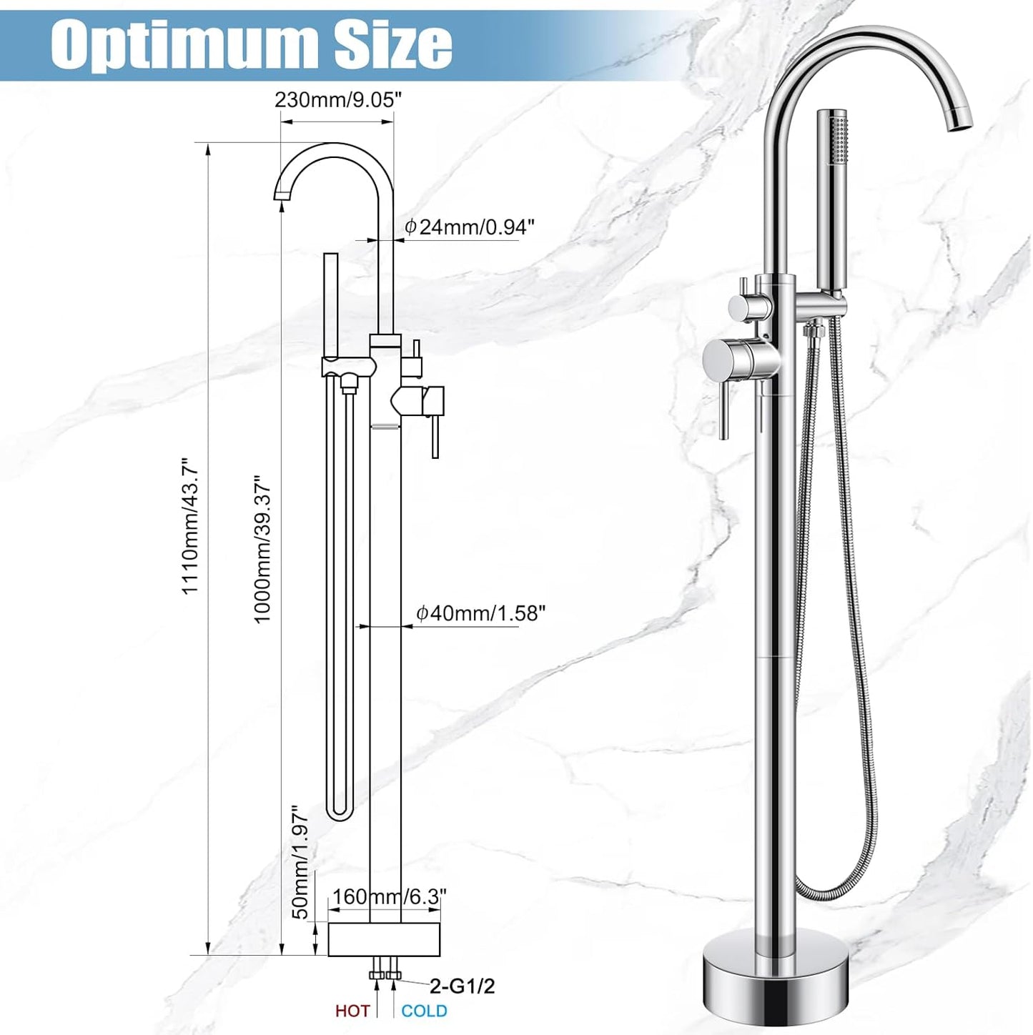 Freestanding Bathtub Faucet Polished Chrome Free Standing Floor Mounted Tub Faucet Tub Filler, Bathroom High Flow Shower Faucets with Handheld Shower