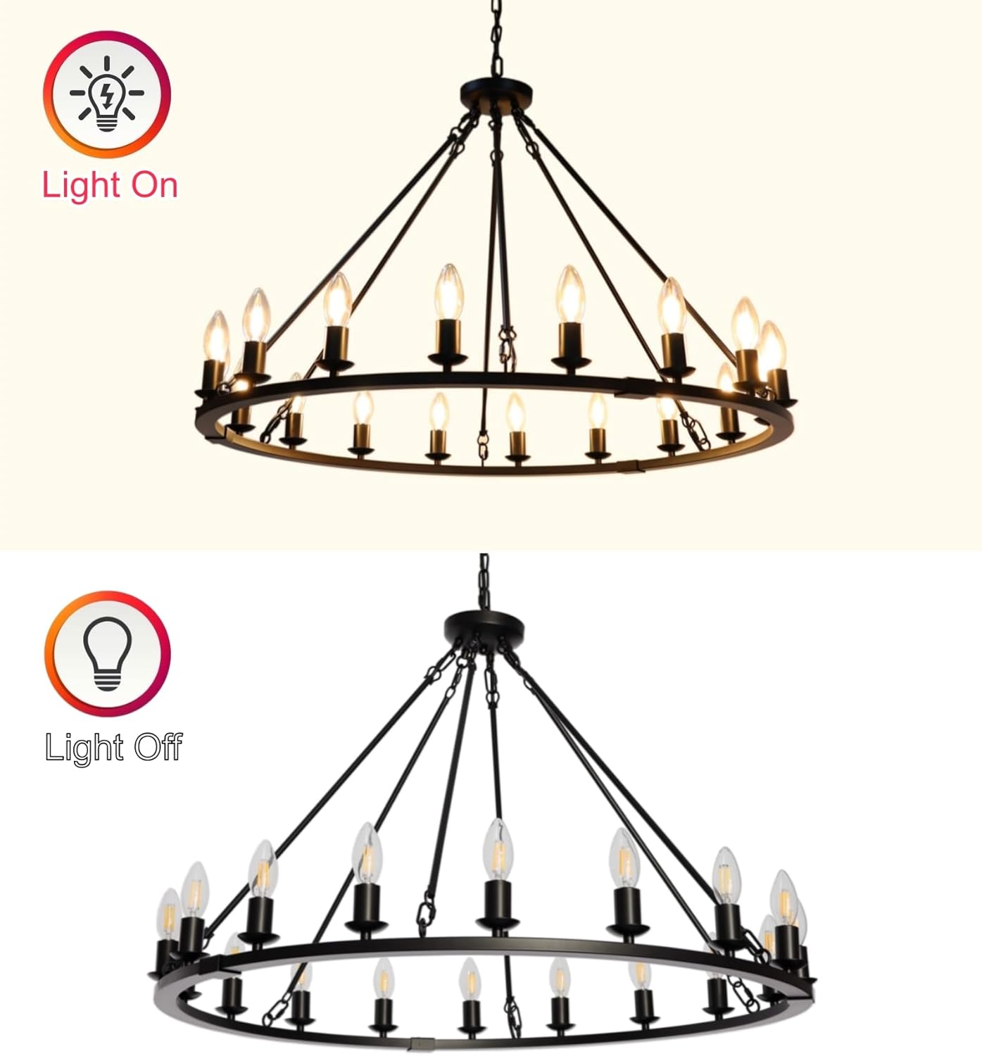 Wagon Wheel Chandelier 36 inch Modern Farmhouse Ceiling Light Fixtures for Dining Room Living Room Hallway Entryway Foyer, 18 Lights, Black