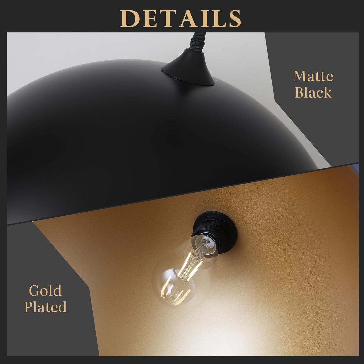 Black Pendant Lights for Kitchen Island, 15.7 Inch Black and Gold Dome Pendant Light