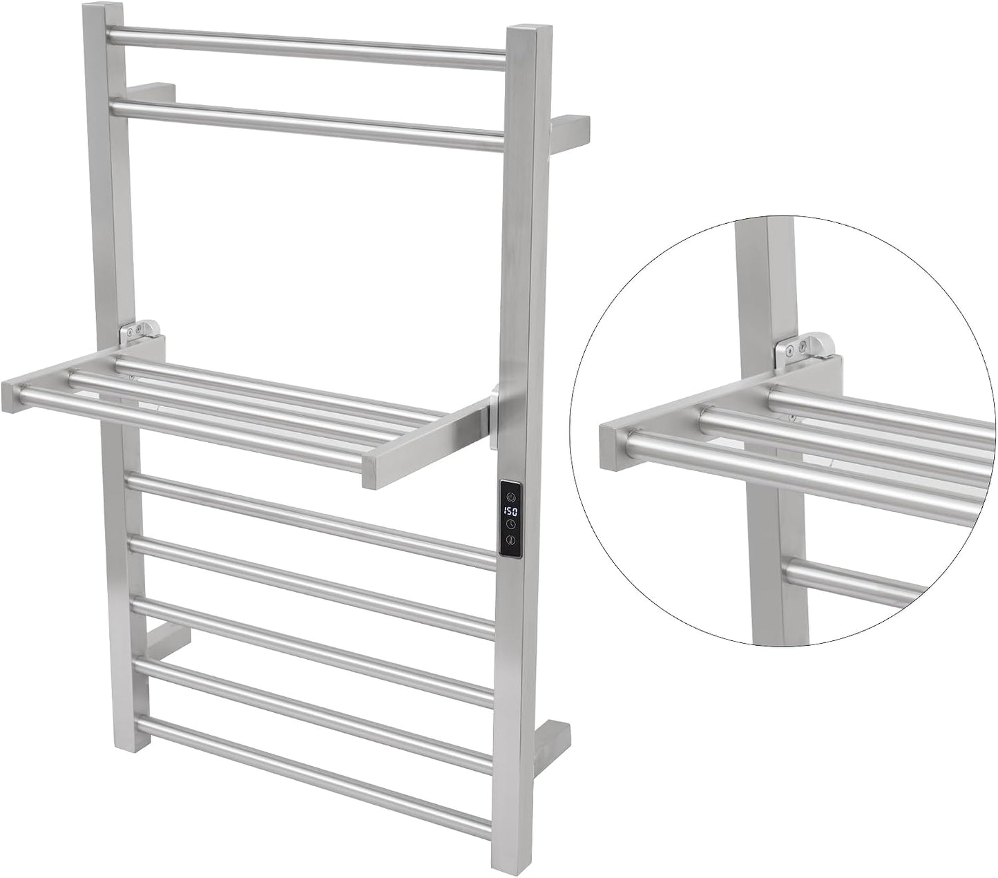 Heated Towel Warmer Rack Electric Bathroom with Voice Control Alexa & Google Home,TUYA Wall-Mounted,Stainless Steel,31.5x19.69x11.61in,Foldable Storage,Plug-in,Brushed,10 Bars 10 Bar Brushed With Wifi & Shelf