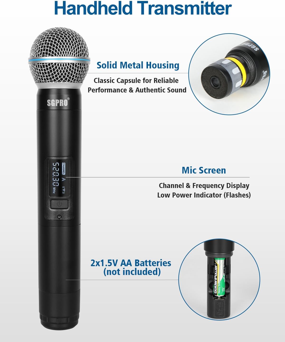 SGPRO 4-Channel Wireless Microphone System - 250Ft Range, Metal Mics & Receiver, Fixed Frequency Cordless Microphone