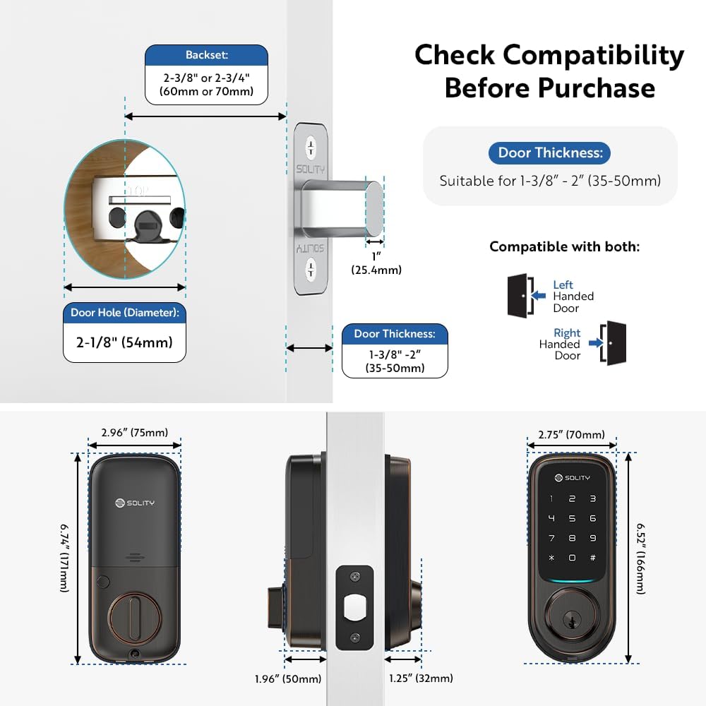 No-Hub Smart Digital Door Lock, Designed in Korea, Keyless Entry, Wi-Fi, Remote Control, Touchscreen Keypad, Auto Lock, IP54 Waterproof, Oil Rubbed