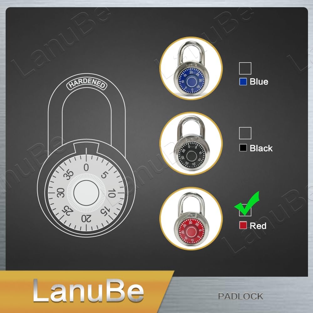 LanuBe Standard Dial Combination Lock, 2 in. Wide, with Different Combinations, Red Turnplate, Pack of 60; Lock for School, Employee, Gym Sports