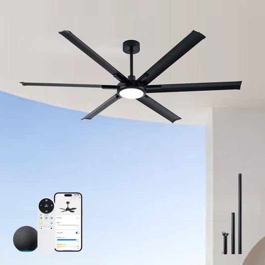65 Inch Ultra-thin Smart Ceiling Fan with WiFi Alexa APP Remote Control,Whole Aluminum DC Motor and Blades,6 Speed,Modern Indoor Outdoor Patio Black Ceiling Fan Black - Aluminum Blades 65 Industrial