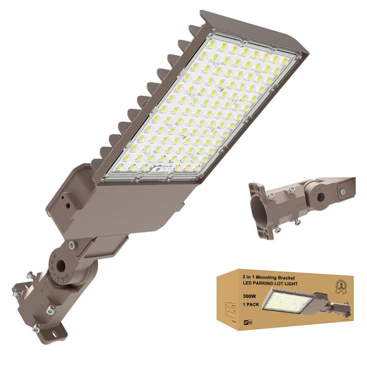 300W Parking Lot Light: 160lm/W 5000K Arm & Slip Fitter Mount LED Parking Lot Lights for Commercial - IP66 Waterproof Rating LED Pole Light for Parking Area with 48000LM 1PACK 300.0 Watts 1
