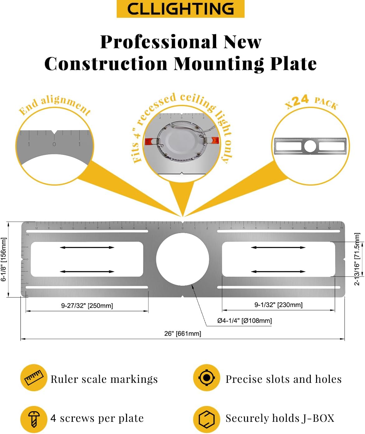 New Construction Mounting Plate - for 4 inch Led Recessed Light | 24 Packs, Measurement Marks, 26 inch Wafer Light Rough in Plate, Screws Included, Adjustable Slots, Galvanized Steel for 4 inch Recessed Light