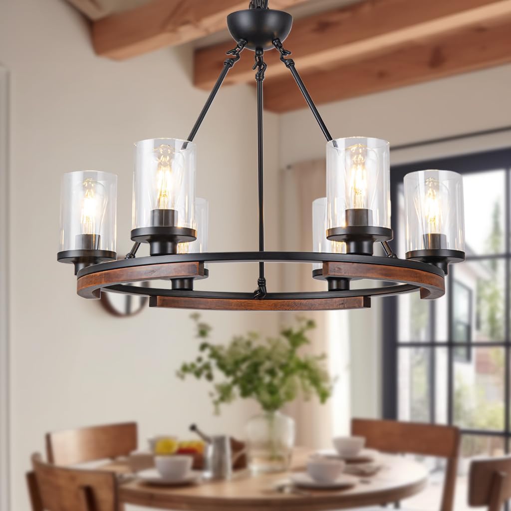 ALBHH 28 Inch Farmhouse Circular Chandelier Above Dining Table, Hanging Pendant Lighting Fixture for Kitchen, Foyer, Entryway, Wood and Black Metal