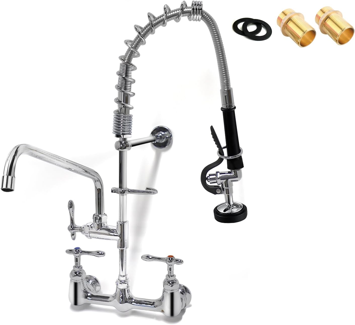 QANBAIN Commercial Sink Faucet,Commercial Faucet with Sprayer 8 Adjustable Center Wall Mounted Restaurant Faucets,12' Spout andPull-Down Pre-Rinse