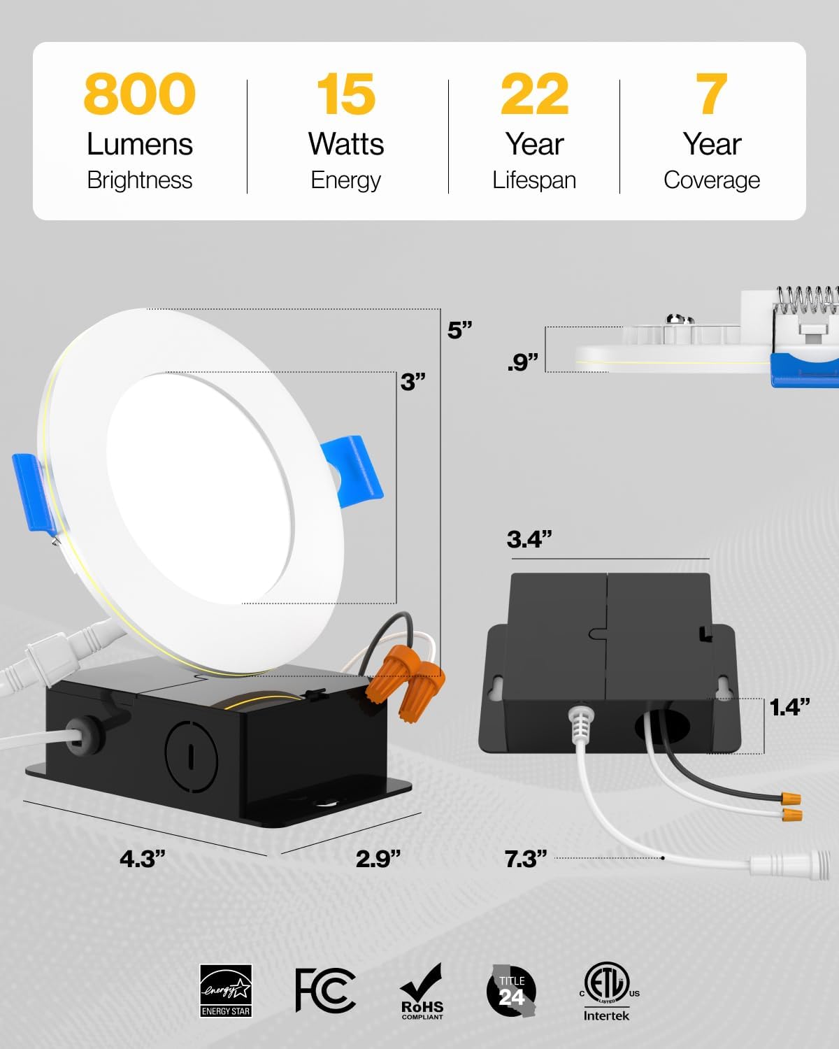 10 Pack, 4 Inch Ultra Thin LED Recessed Ceiling Lights with Night Light, 800 LM, 4000K Cool White, Dimmable, 11W, Wafer Thin, Canless with Junction