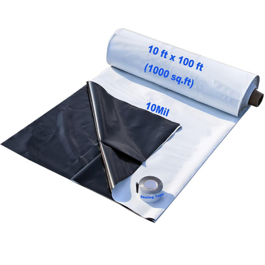 Crawl Space Vapor Barrier Kit 10 ft x 100 ft, 10 Mil Thick Plastic Sheeting with 2 in x 65 ft Sealing Tape, Black & White Poly Film for Crawlspace Encapsulation & Ground Moisture Control