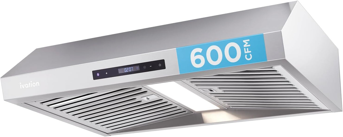 30' Under Cabinet Range Hood - 600 CFM - 3-Way Venting - Built-In LED Light & Clock - Auto-Off Fan Timer - Dishwas