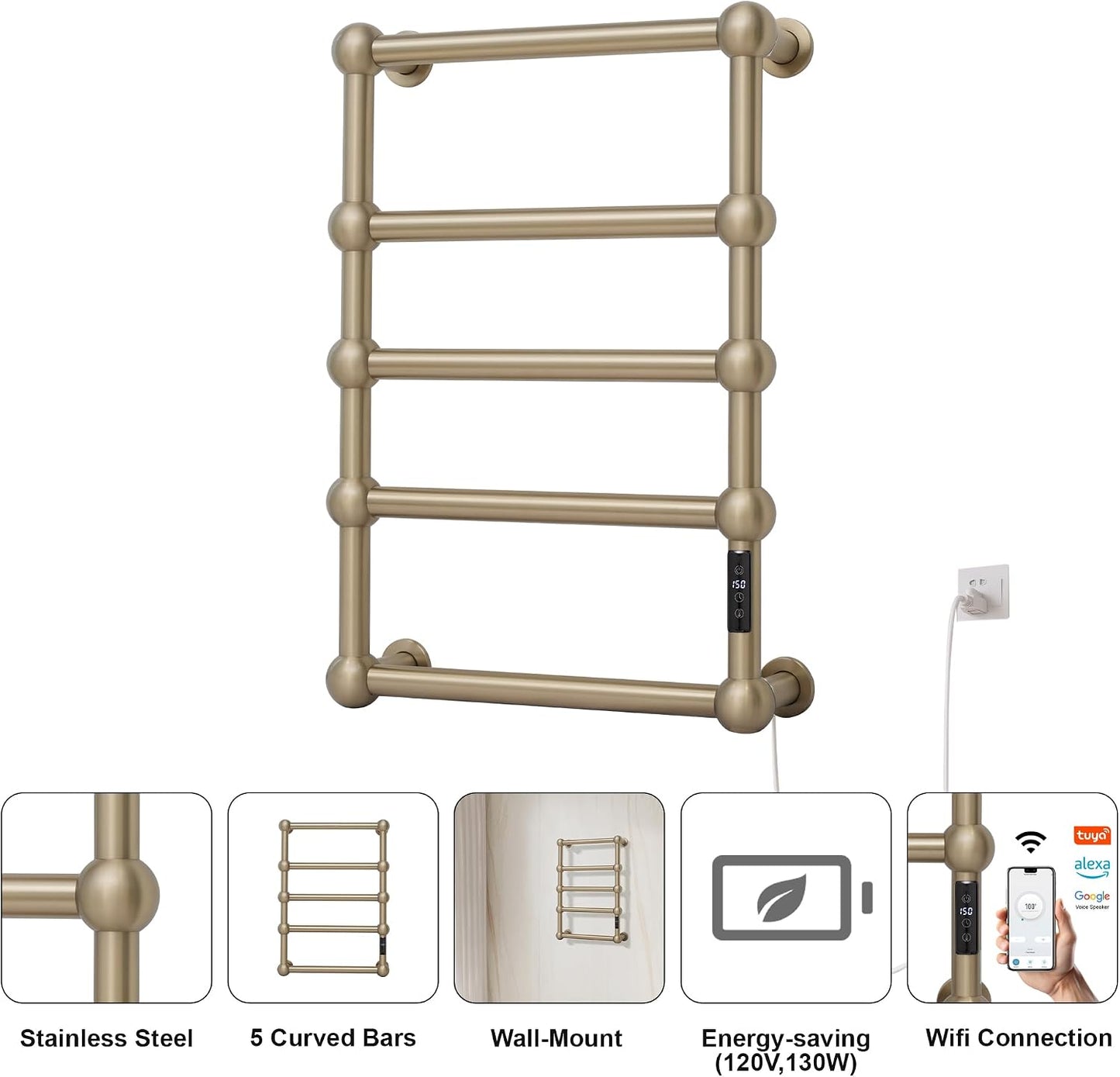 Electric Heated Towel Warmer Rack for Bathroom with Voice Control Alexa & Google Home,TUYA Wall-Mounted,Plug in,Stainless Steel,Brushed Brass,27.56 * 19.69 * 4.92 in,Sphere,Space Saving 5 Bar Brushed Brass With Wifi & Sphere