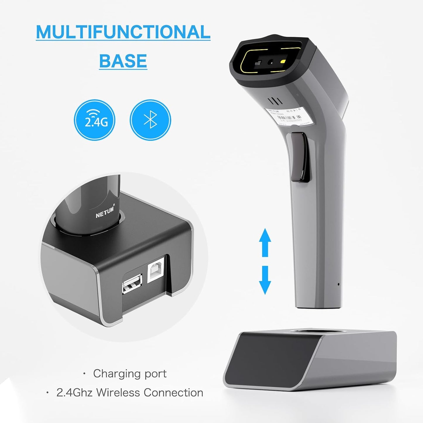 Bluetooth Wireless 2D Barcode Scanner, Hands Free QR Barcode Reader-DS7500 | with Charging Cradle and Built-in Memory, Automatic Fast and Precise scanning, Transfers Up to 100 Meters (2D-Gray)