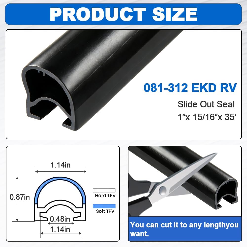 Combo RV Slide Out Seal Black Rubber 018-312-EKD & 018-341 EK, 1' x 15/16' x 35' Wiper & 1/2' x 2.75' x 35’ Seal Base