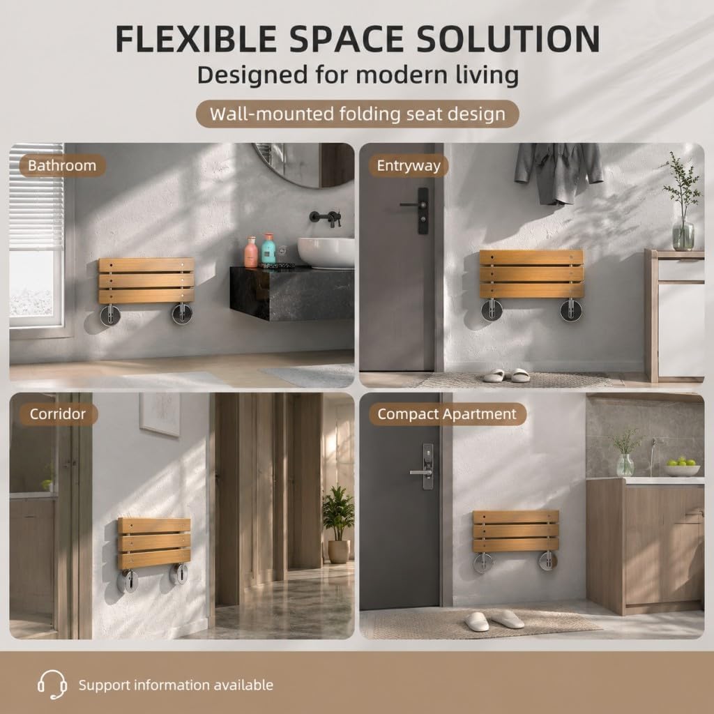 Folding Shower Bench Wall Mounted, Teak, 90° Flip-Up, Space Saving, 400lb