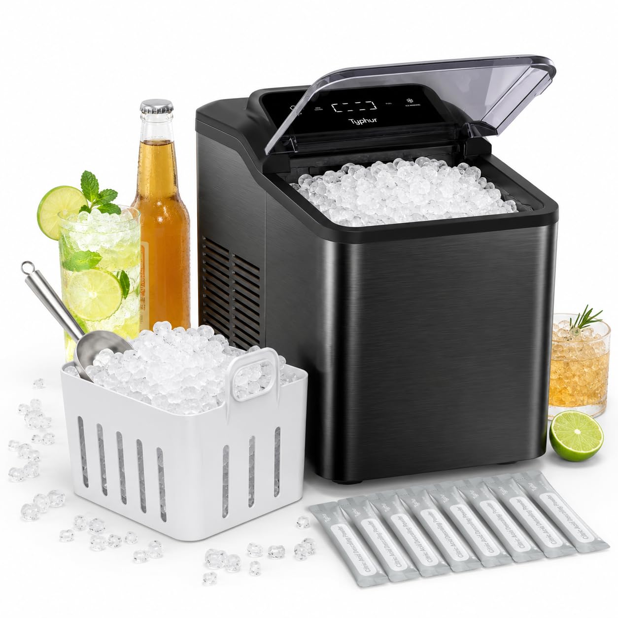Fast Nugget Ice Maker Countertop with Self-Cleaning Pump, 35lbs/24H Crushed Pebble Ice Machine, 8 Packs Cleaner, Dual Ice Scoops for Home, Kitchen, Party, RV, Onyx Black Stainless Steel