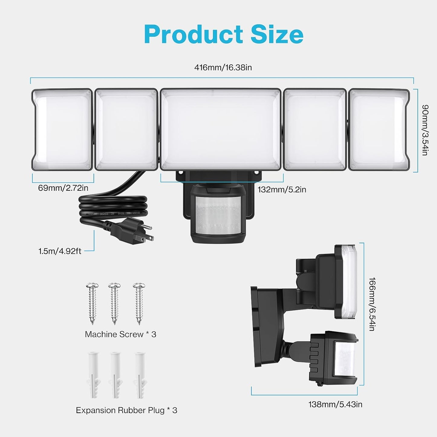 Olafus 100W LED Security Light Motion Sensor Outdoor Light Plug in, 2 Pack Motion Flood Light Dusk to Dawn, 10000LM 5 Heads IP