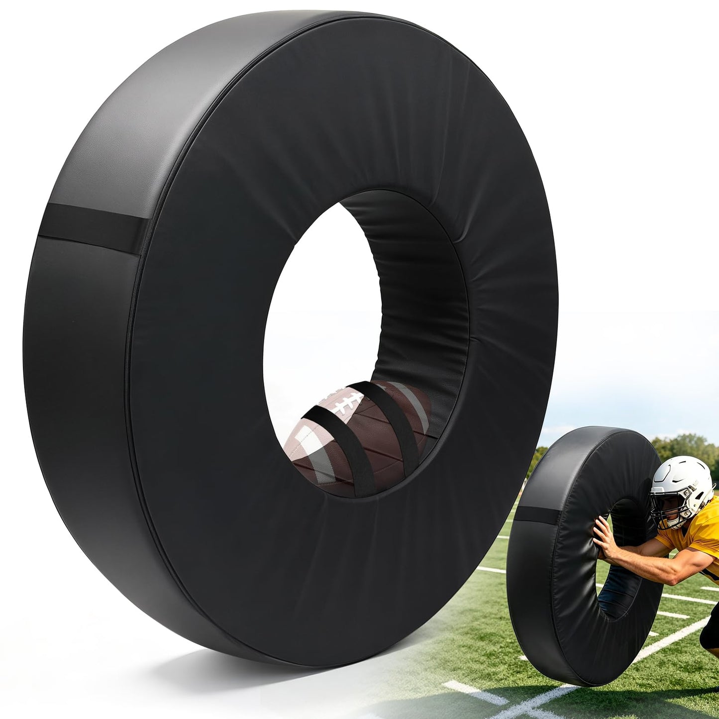 42 in Football Tackle Wheel with Heavy Duty PU Leather Cover | High-Density Foam Tackle Ring with Portable Handle Waterproof Tackling Dummy for Youth Practice Black