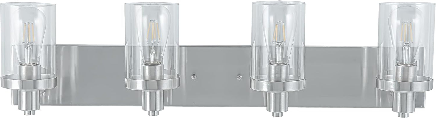 Yaohong Bathroom Vanity Light in Satin Nickel with Cylinder Clear Glass Shades 4 Lights Wall Sconce Vanity Lighting (4 Light)