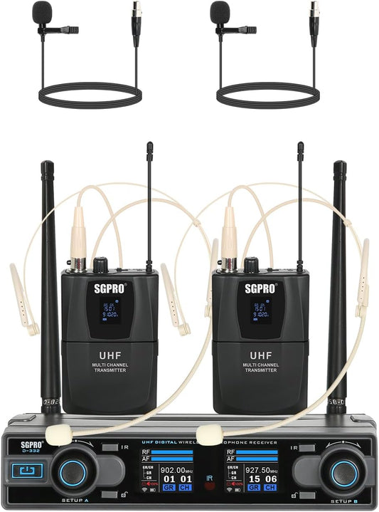 SGPRO Wireless Microphones with Two Bodypack Transmitters, Two Headsets, and Two Lavalier Lapel Mics, 90 UHF Channels, 262ft Range for Live Singing