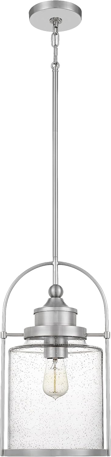 Mini Pendant Light, 10 Inch 1-Light Brushed Nickel, Clear Seeded Glass Pendant Light, Max Hanging Height 59"