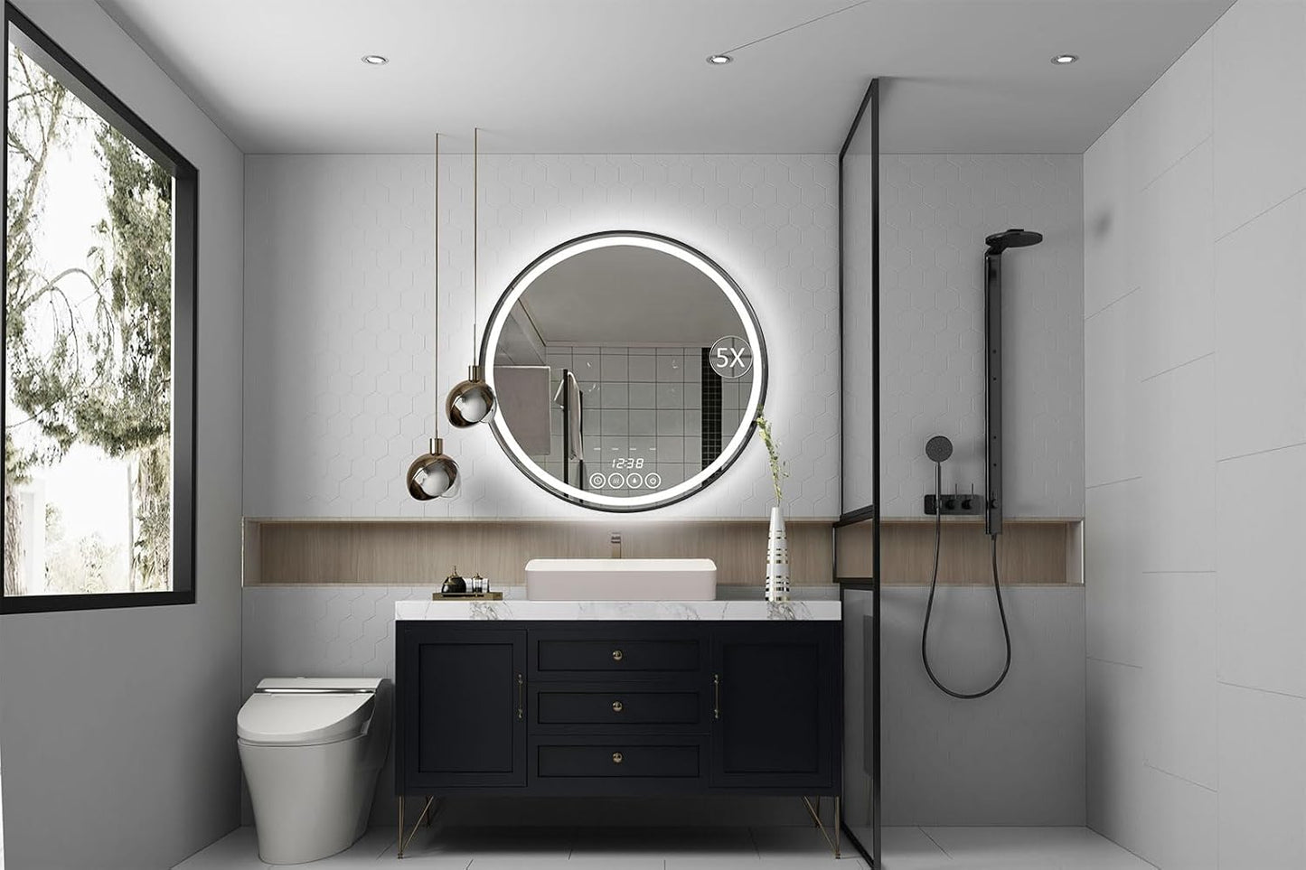 26 Inch Wall-Mounted Round Bathroom Mirror with LED-Lights - Frame Vanity Mirrors (26' x 26', Black)        
(26'L x 26'W)