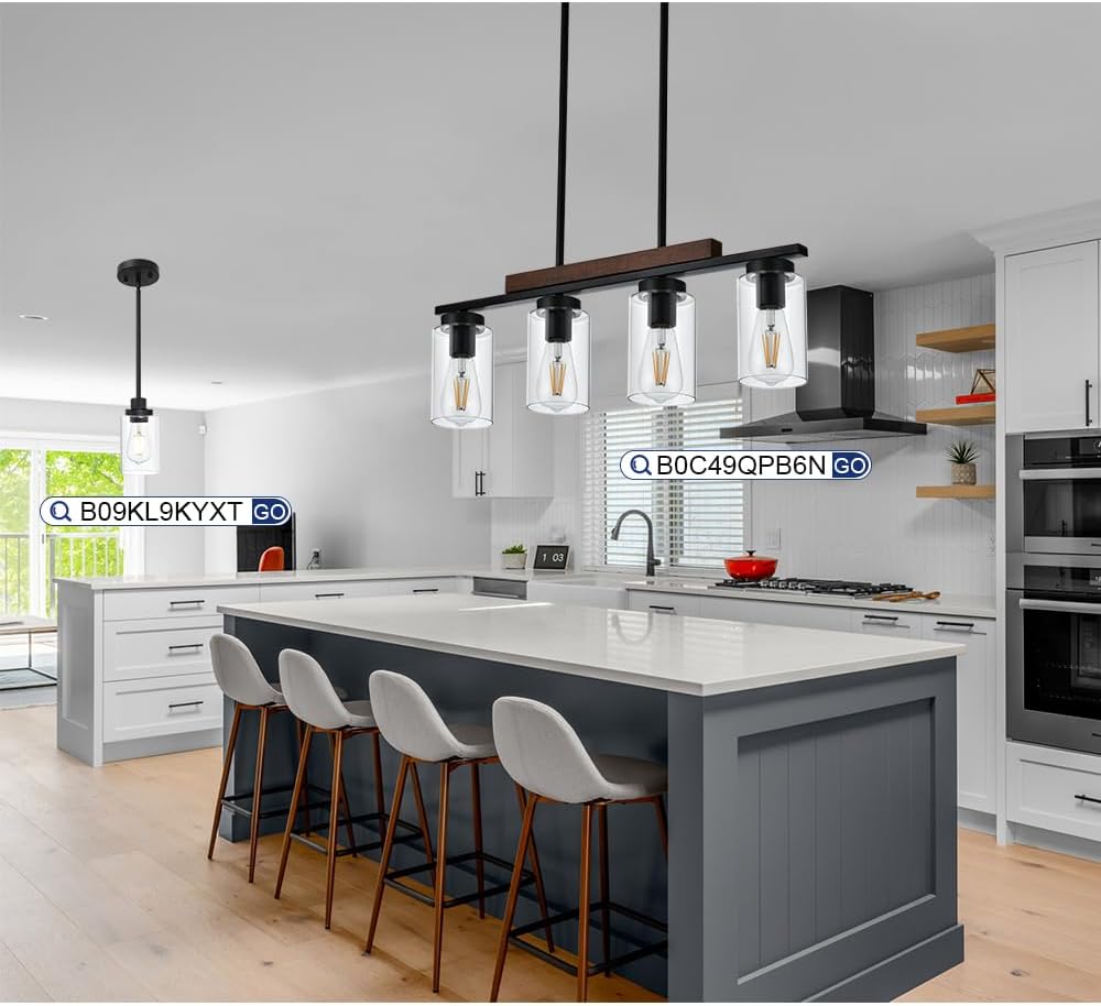 TODOLUZ 4-Lights Farmhouse Pendant Lights Fixtures Ceiling Hanging, Modern Black Kitchen Island Lighting with Clear Glass Lampshades (Cylinder Clear