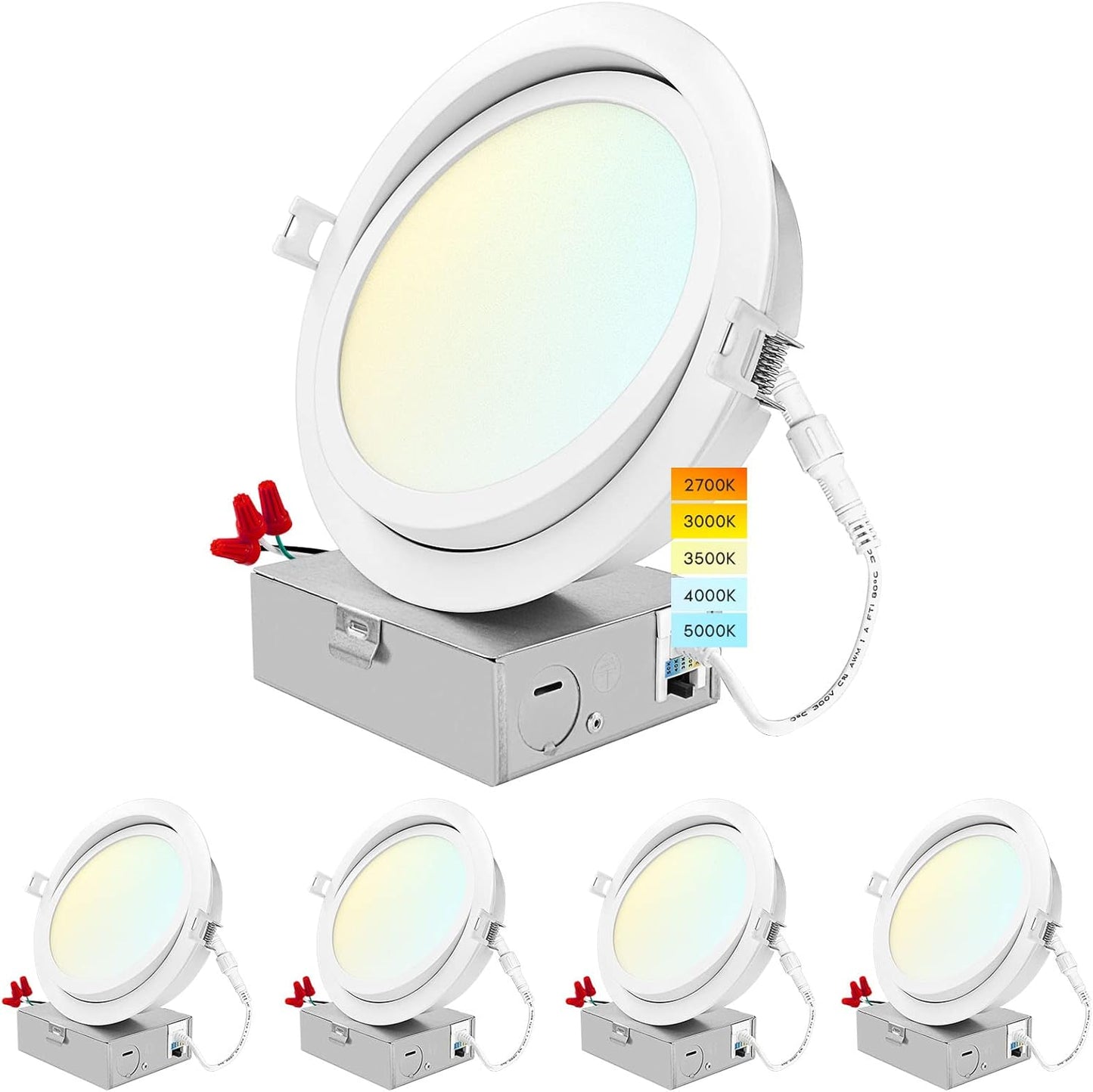 LUXRITE 6 Inch Gimbal LED Recessed Lighting, 5 Color Selectable 2700K-5000K, 1400 Lumens, Adjustable Swivel Downlight, Dimmable, 15W, Wet Rated, IC