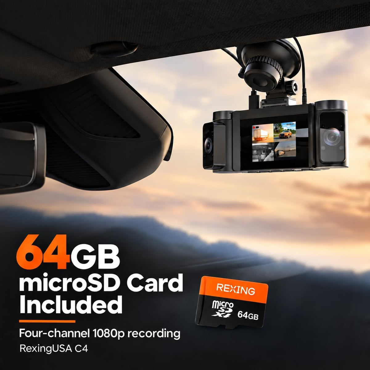 RexingUSA C4 4-Channel Dash Cam with 64GB microSD Card Included, 1080p Recording, Wi-Fi App Control, IR Night Vision, Parking Mode, G-Sensor