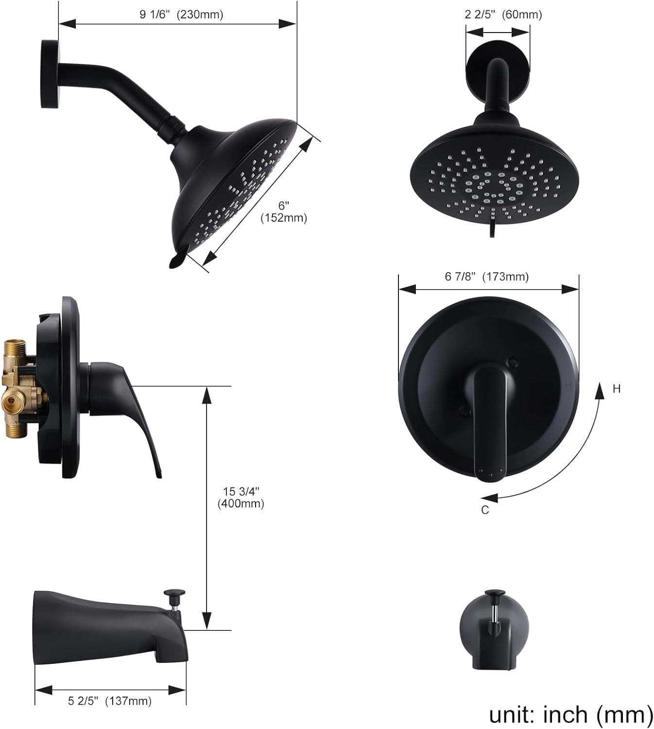 Aleasha Tub and Shower Faucet Combo, Black Shower Faucet Set with Tub Faucet, Bathtub Faucet with Shower Diverter, Sigle Handle Tub Shower Faucet Set