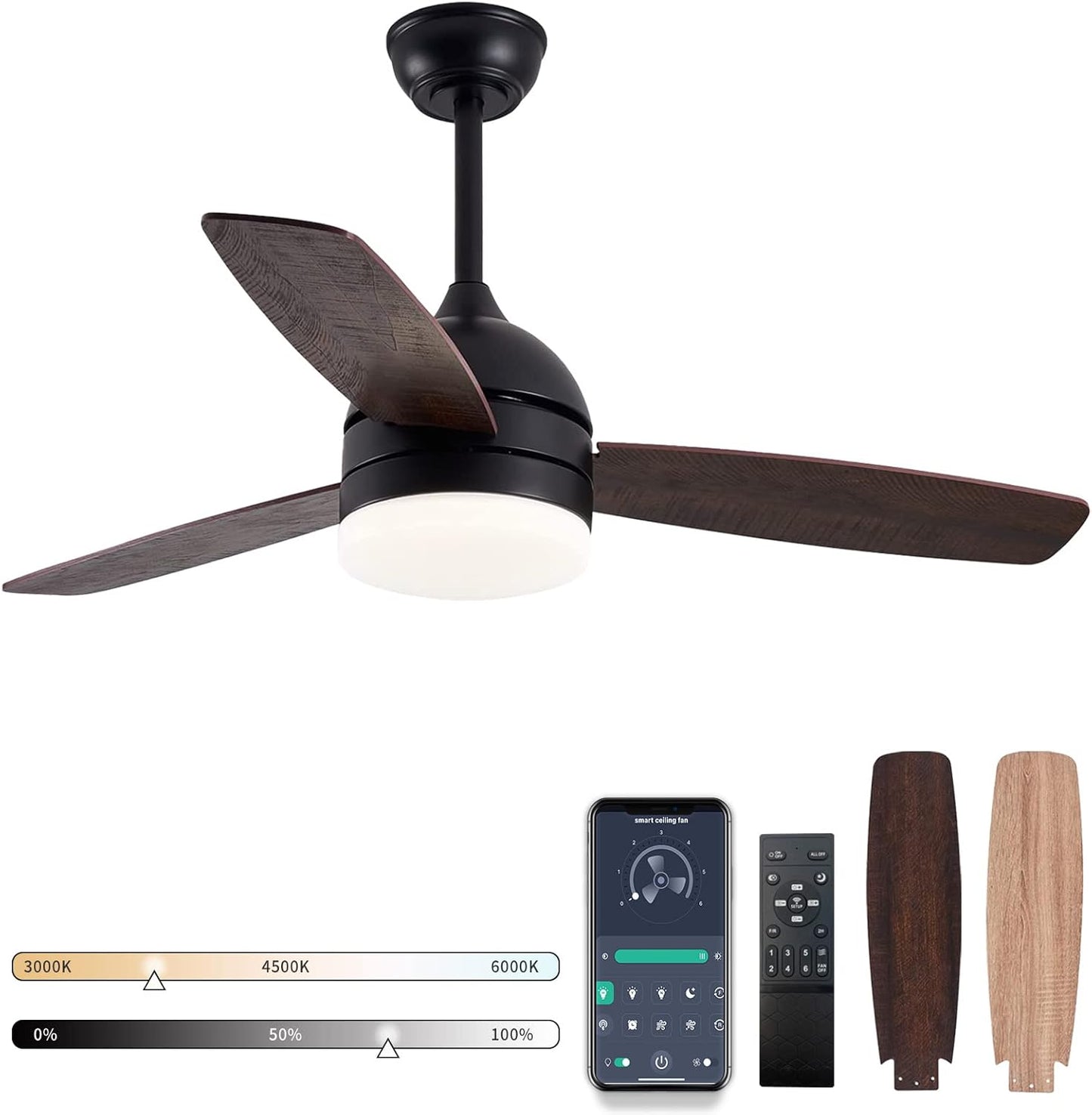 48 Inch Smart Ceiling Fans with Dimmable LED Lights, Black Modern Ceiling Fan with Remote/APP, Outdoor Wood Reversible Blade Ceiling Fans DC Quiet