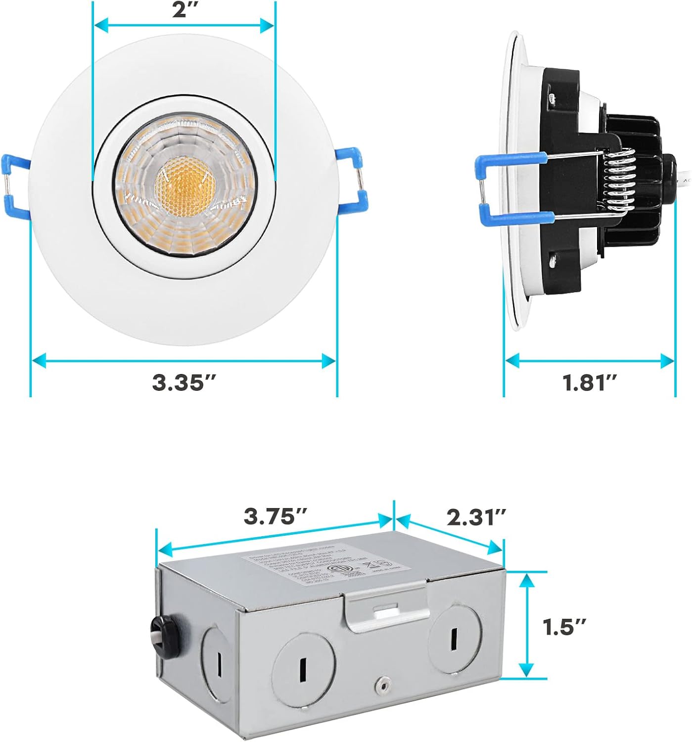 LUXRITE 3 Inch Gimbal LED Recessed Light with Junction Box, 5CCT Color Selectable 2700K-5000K, Dimmable Adjustable Eyeball Swivel Lights, 600 Lumens,