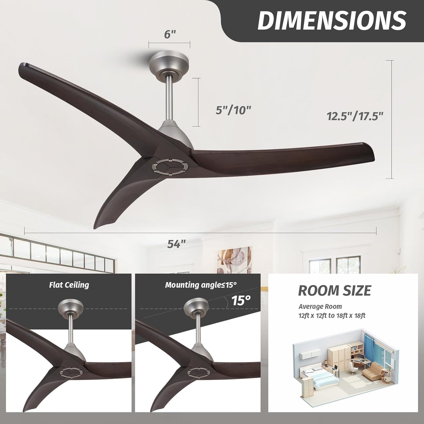 Morkefan 54 inch Ceiling Fan no Light,Wood Ceiling Fans with 6-Speed Reversible DC Motor,Timer,Unique Ceiling Fan for Kitchen Bedroom Living Room