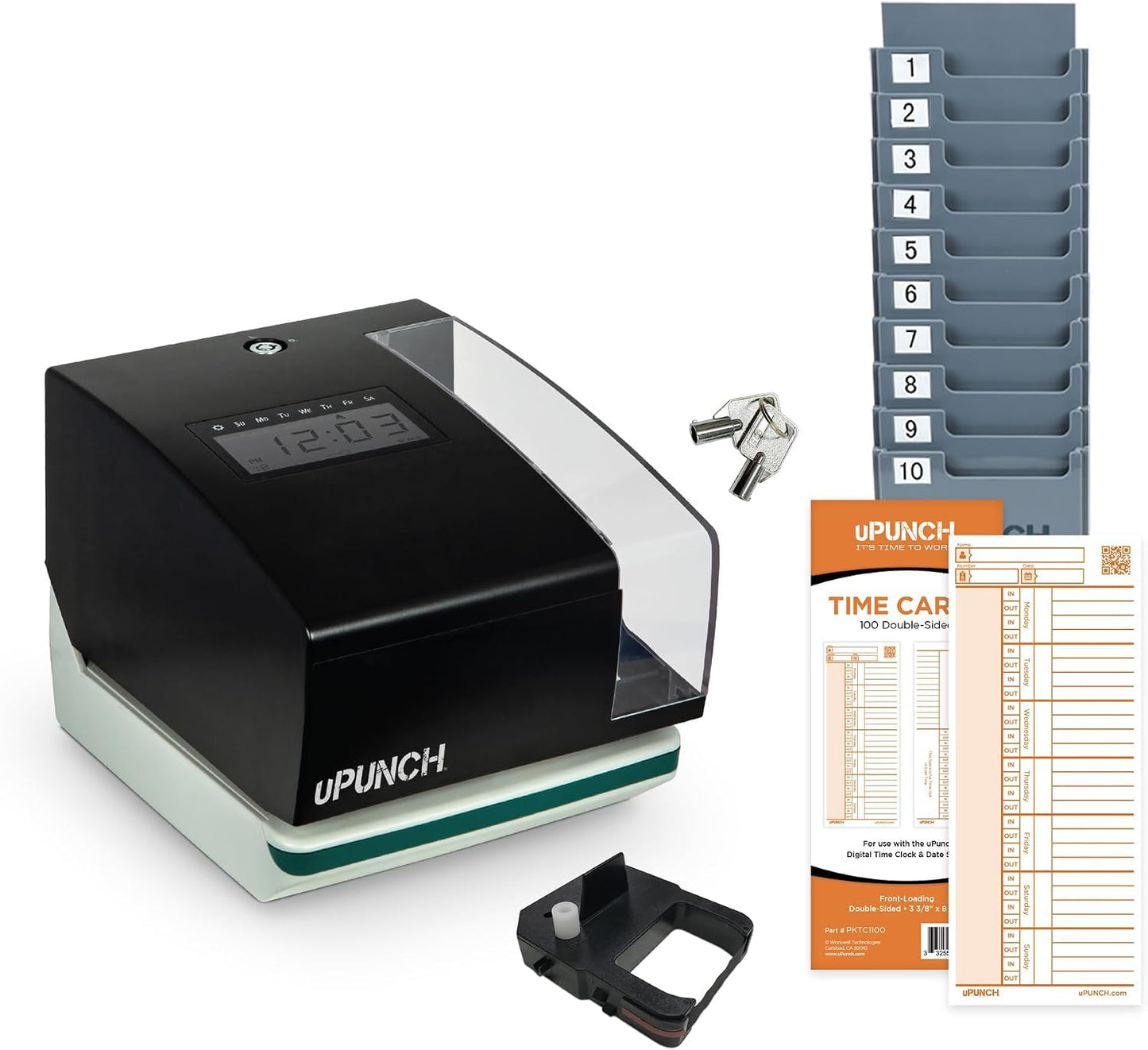uPunch Digital Time Clock and Date Stamp Bundle Includes time Clock and Date Stamp, 100 time Cards, 10-Slot time Card Rack, 2 Keys, and 1 Ribbon (PK1100), Black