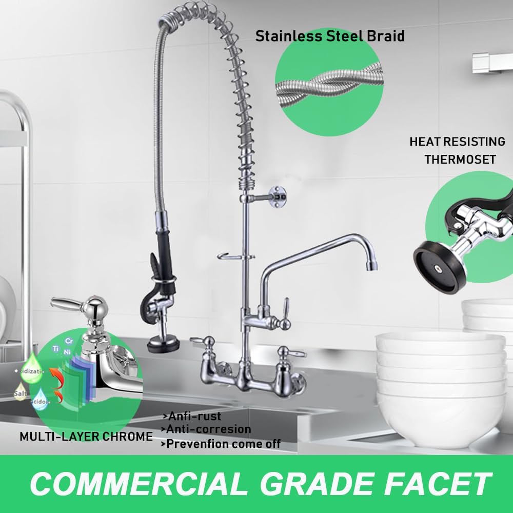 43' Height Commercial Faucet with Sprayer, 8 Inch Center, Wall Mount Kitchen Sink Faucet for 3 Compartment Sink, Restaurant Commercial Sink Faucet