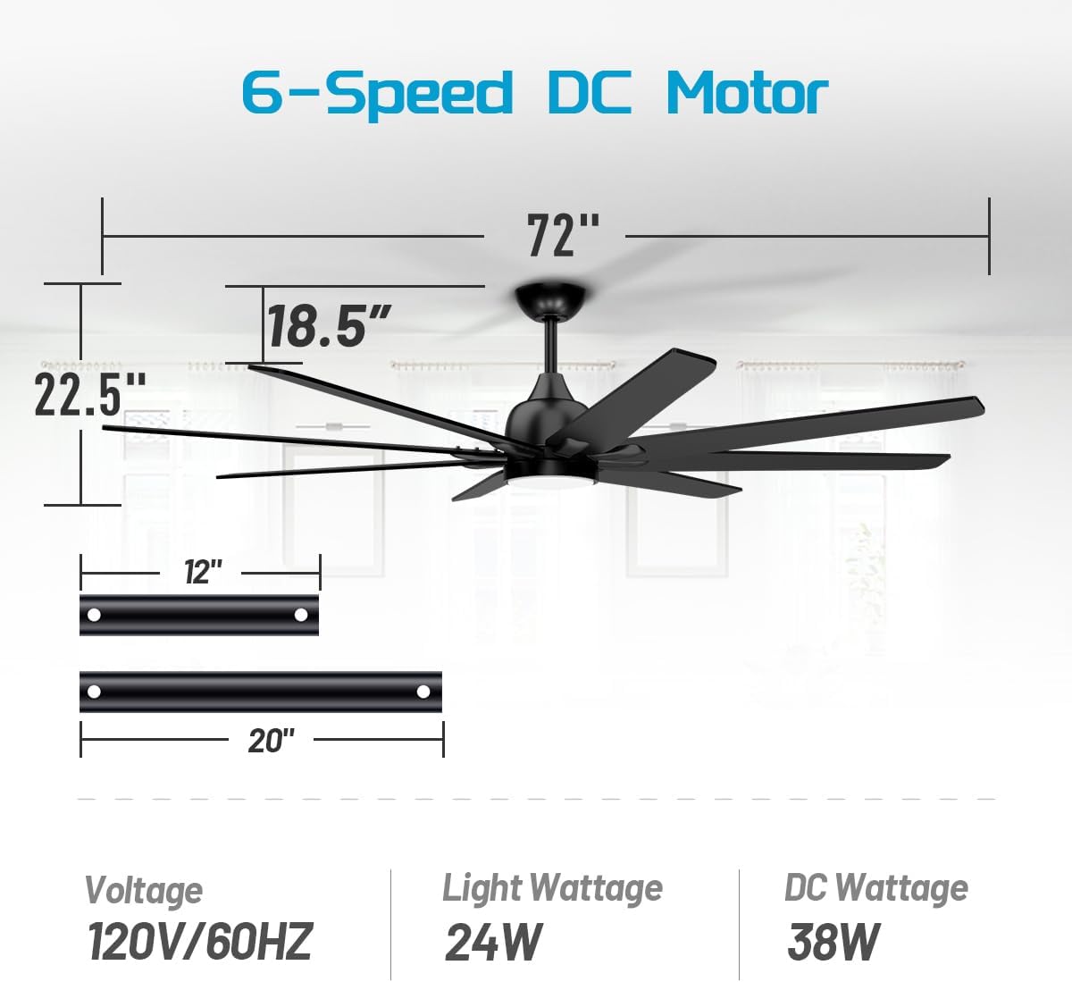 wurzee 72 inch Ceiling Fans, 3CCT LED Reversible DC Motor, Dimmable Timing 6 Speed, Modern Large Black Ceiling Fan with Light for Indoor Outdoor