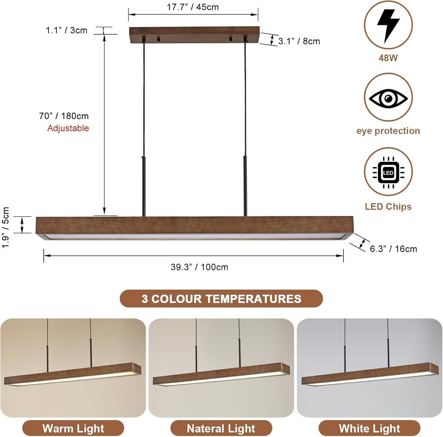 CmnVmn 39.3&#34; Dimmable Wooden Linear Pendant Lighting Island Lights,LED48W Adjustable Color temperature6000K 4200K 3000K for Dining Room Bar