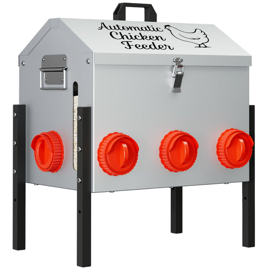 50LB Automatic Chicken Feeder with 8 Feeding Ports, No-Waste Poultry Feeder with Window, Adjustable Height, Locking Lid & Weatherproof Design for Outdoor Coop