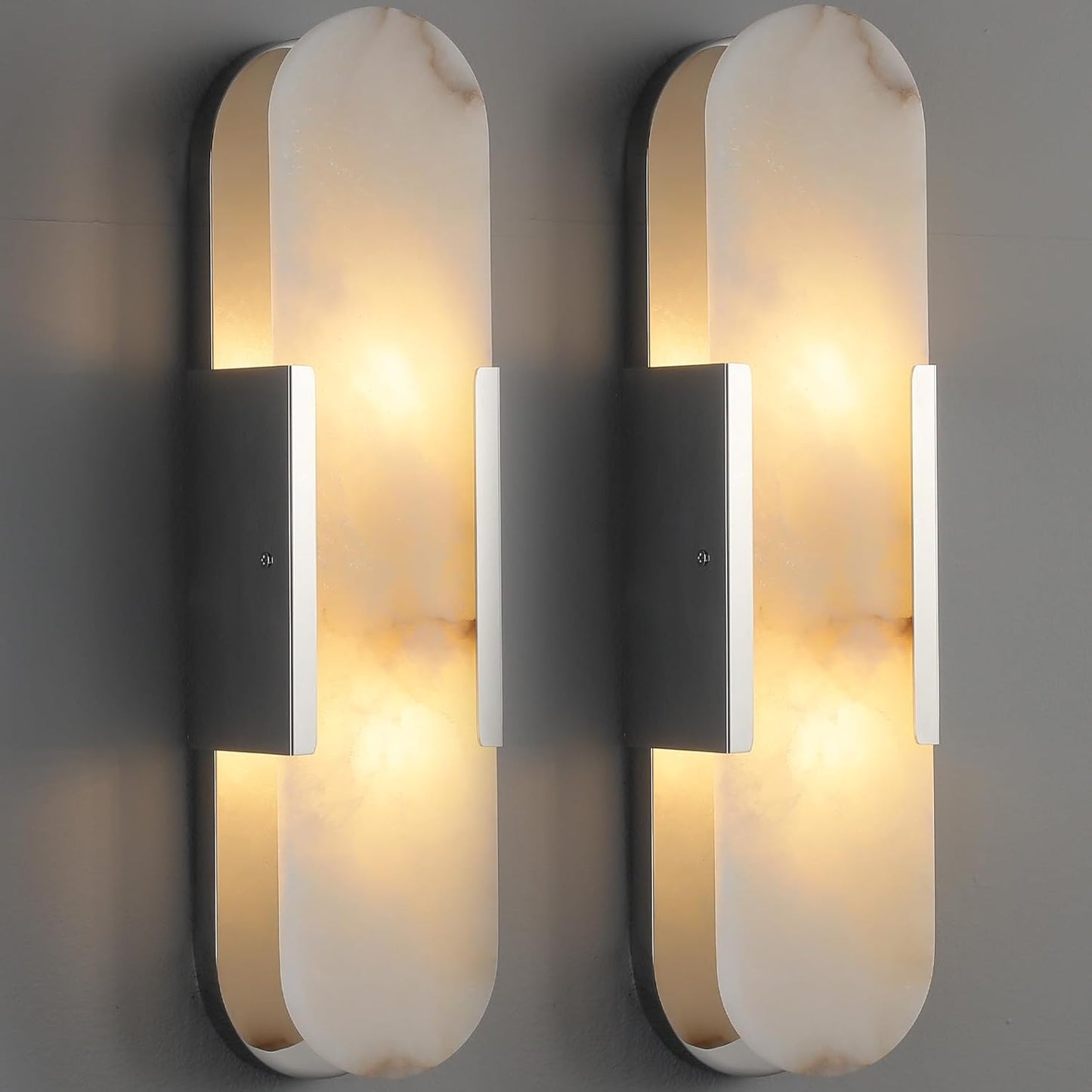 RINGRAIN Wall Sconces Set of 2, Alabaster Wall Light, 20'' Indoor Vanity Light Fixtures for Bathroom,Silver Bedside Wall Lamp Perfect for Hallway,