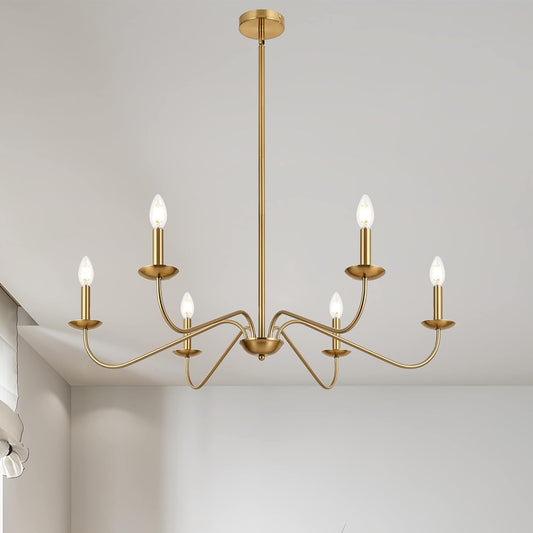 Jonsi Gold Chandeliers Light Fixture, 6 Lights 35' Brushed Brass Chandelier for Dining Room, Sloped Ceiling,Modern Dining Room Light Fixtures Over