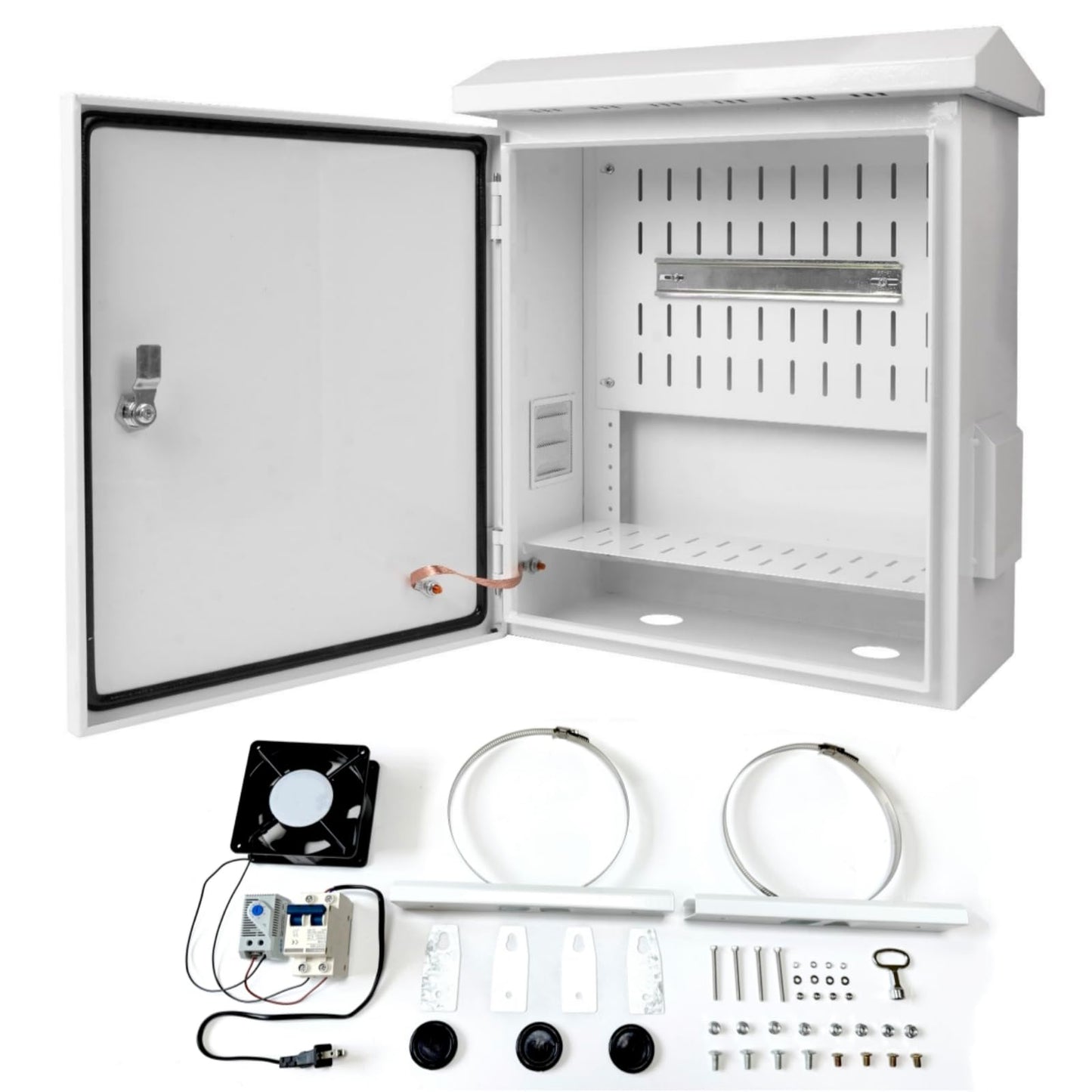 Outdoor Electrical Box with Thermostat and Cooling Fan 20'' x 16'' x 8'' Ventilation Design Electrical Enclosure Box IP65 Waterproof Electrical Cabinet Street with Wall Hanging and Pole Mounting Parts