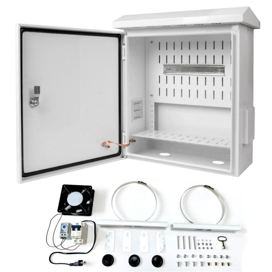 Outdoor Electrical Box with Thermostat and Cooling Fan 20'' x 16'' x 8'' Ventilation Design Electrical Enclosure Box IP65 Waterproof Electrical Cabinet Street with Wall Hanging and Pole Mounting Parts